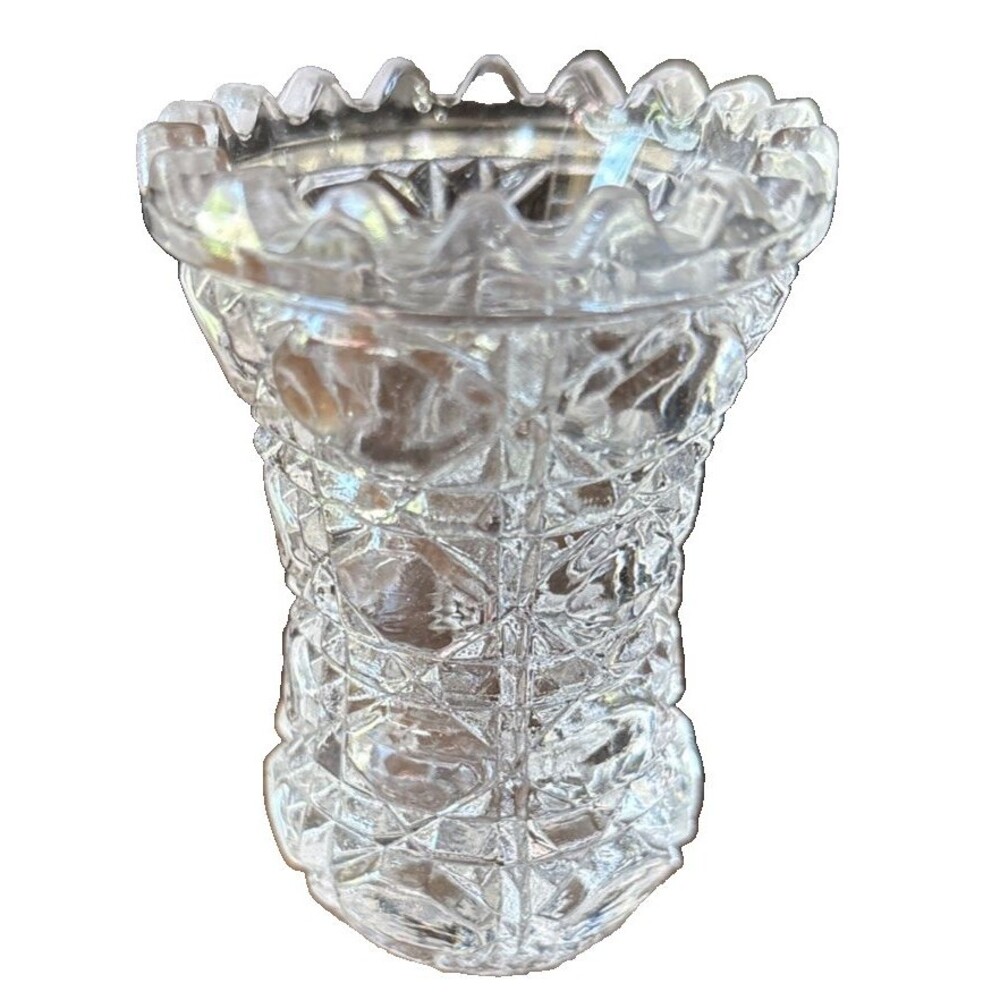 Vintage Lead Crystal Mini Vase Toothpick Holder 2.5” Sawtooth Top Edge